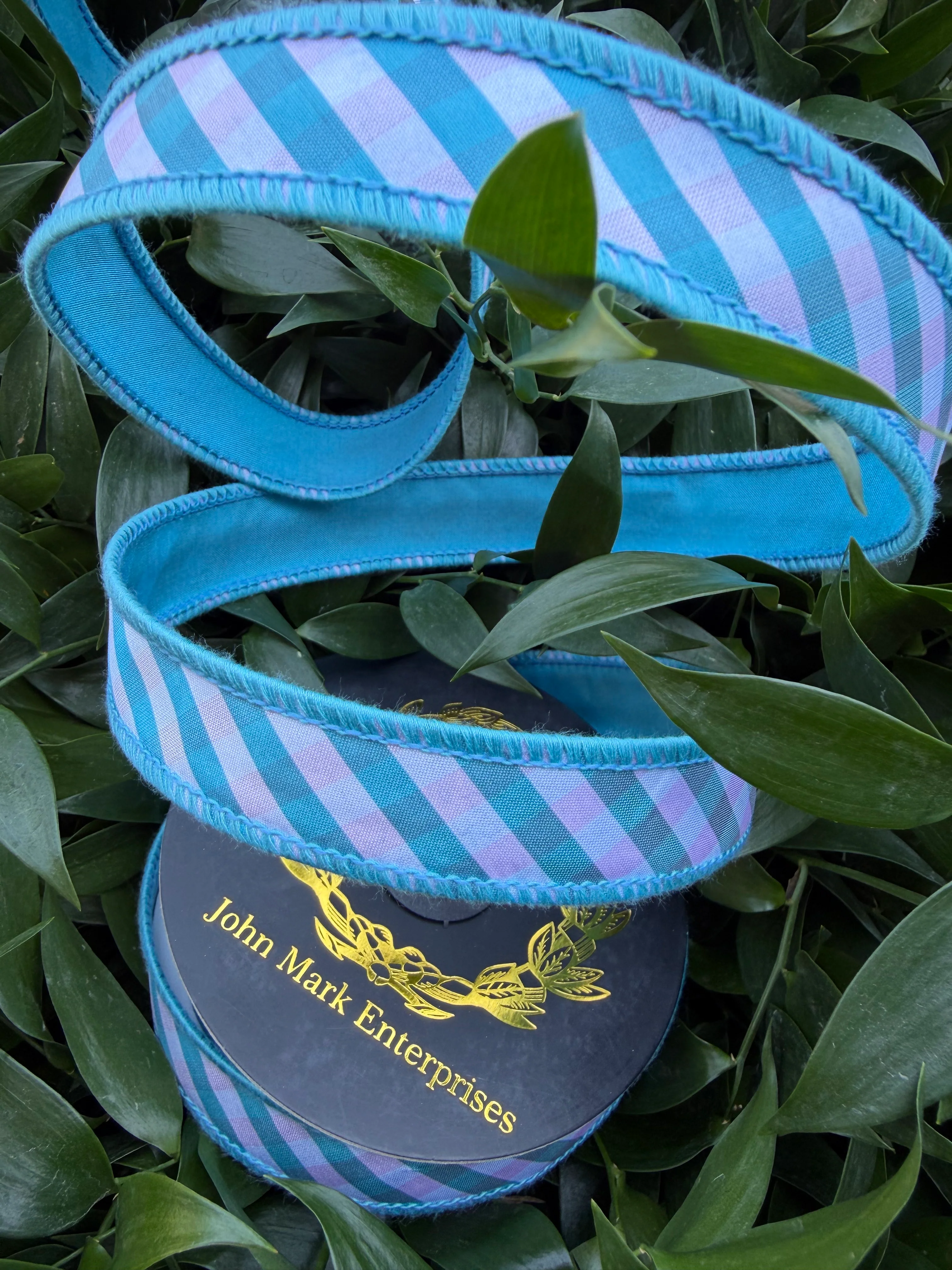 BIAS TAFFETA CHECKS DBL FUSED TAFFETA 1"x10YD TURQUOISE HEAVY WIRED RIBBON - Image 2