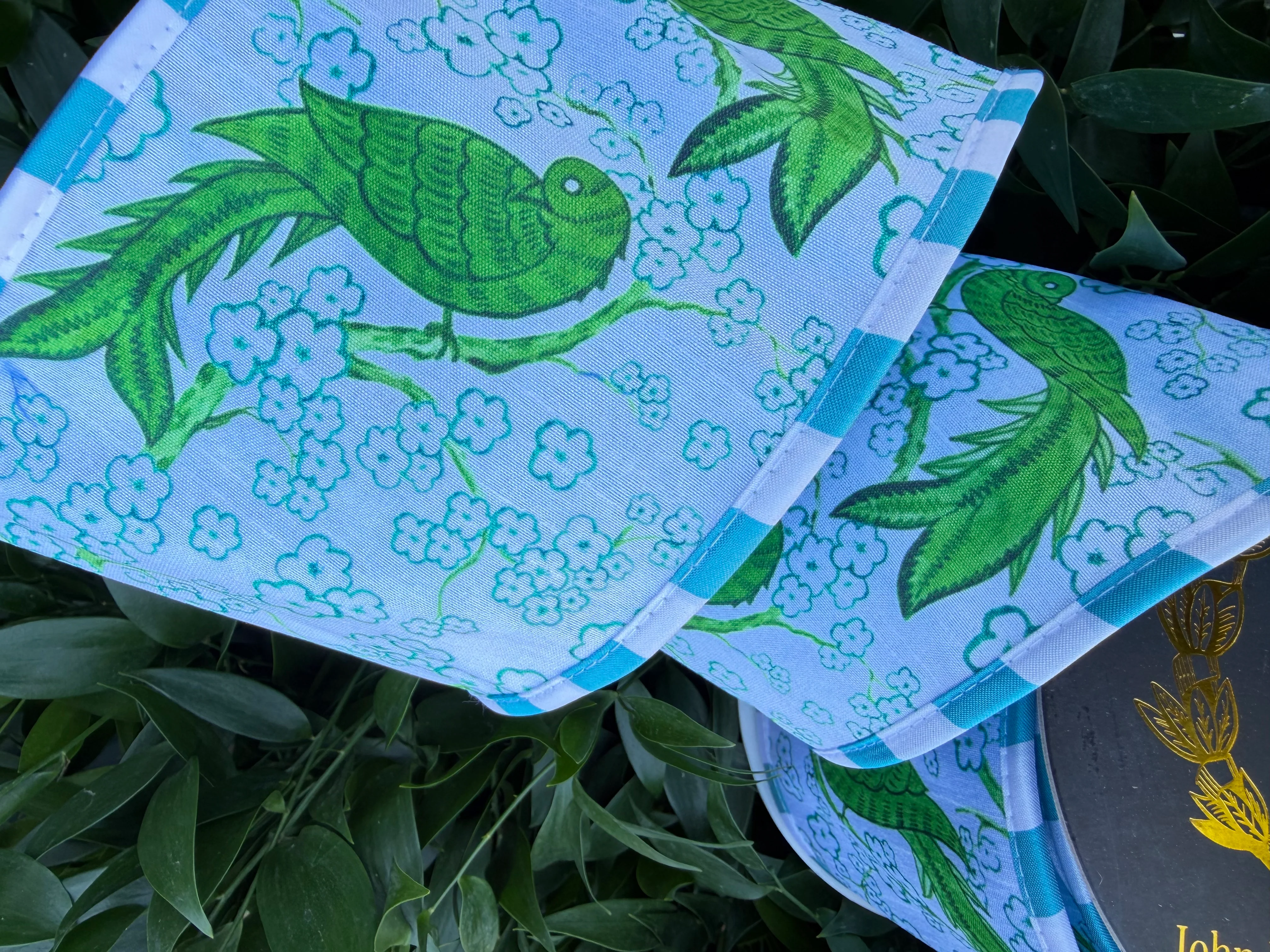 BIRD CHINOISERIE DIGI PRINT/DUPION FUSED/STRIPE PIPING 4"X10YD GREEN/BLUE HEAVY WIRED RIBBON - Image 2