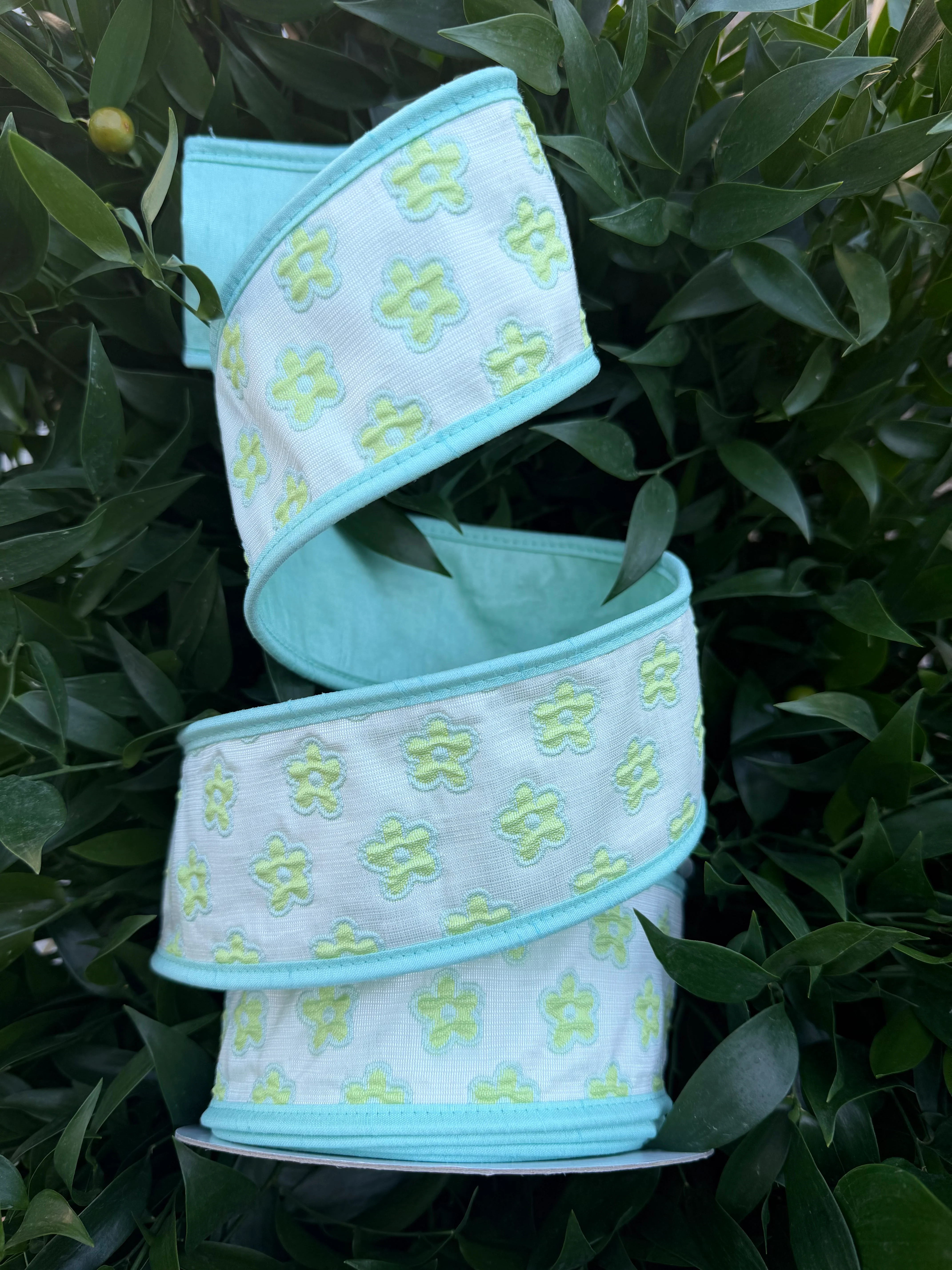 BLOSSOM JACQ/DUPION FUSED 2.5"x10YD GREEN/AQUA HEAVY WIRED RIBBON