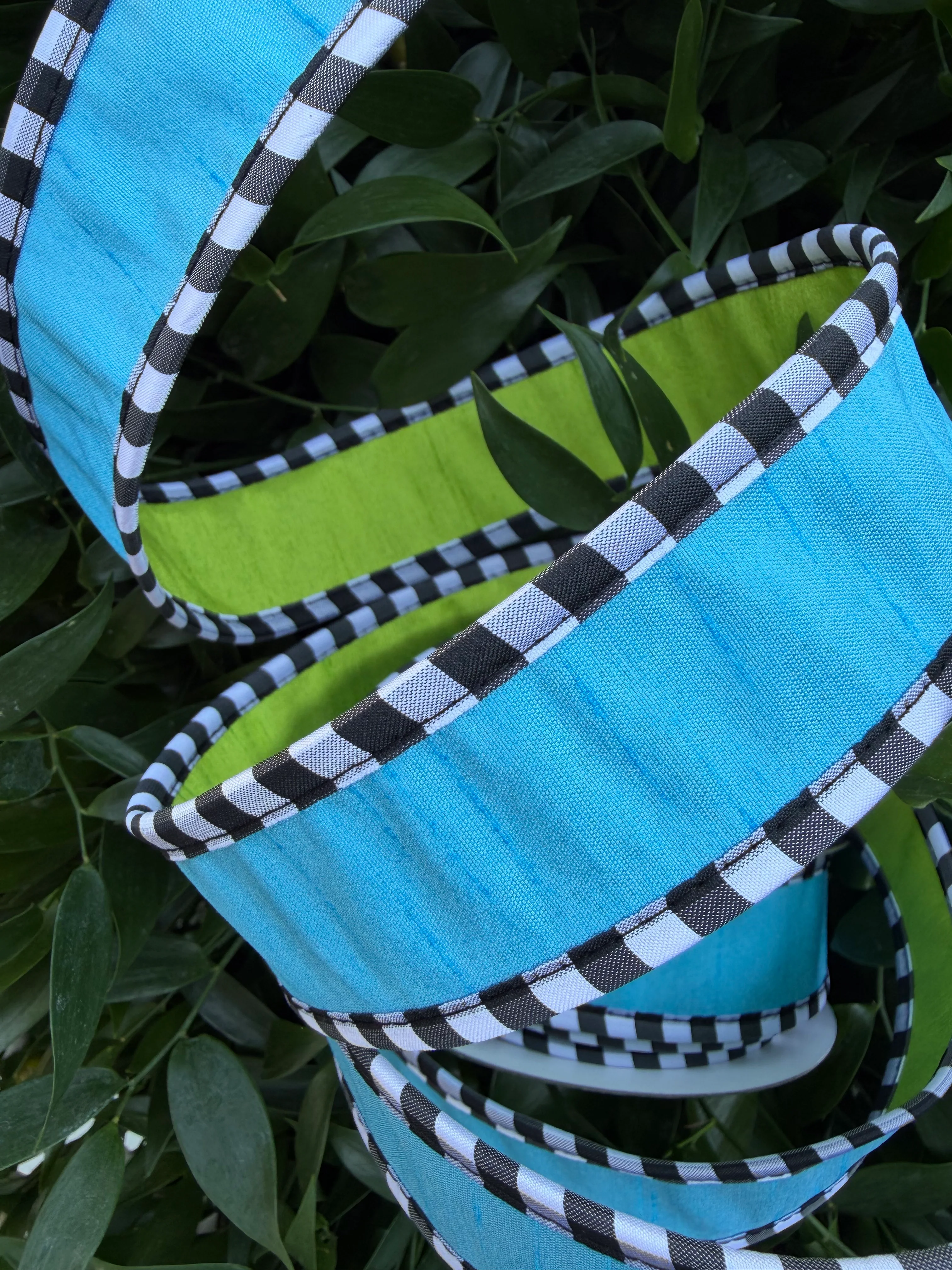 DUPION DBL FUSED/MED TAFFETA CHECK PIPING 1.5"x10YD BLUE/GREEN HEAVY WIRED RIBBON - Image 2
