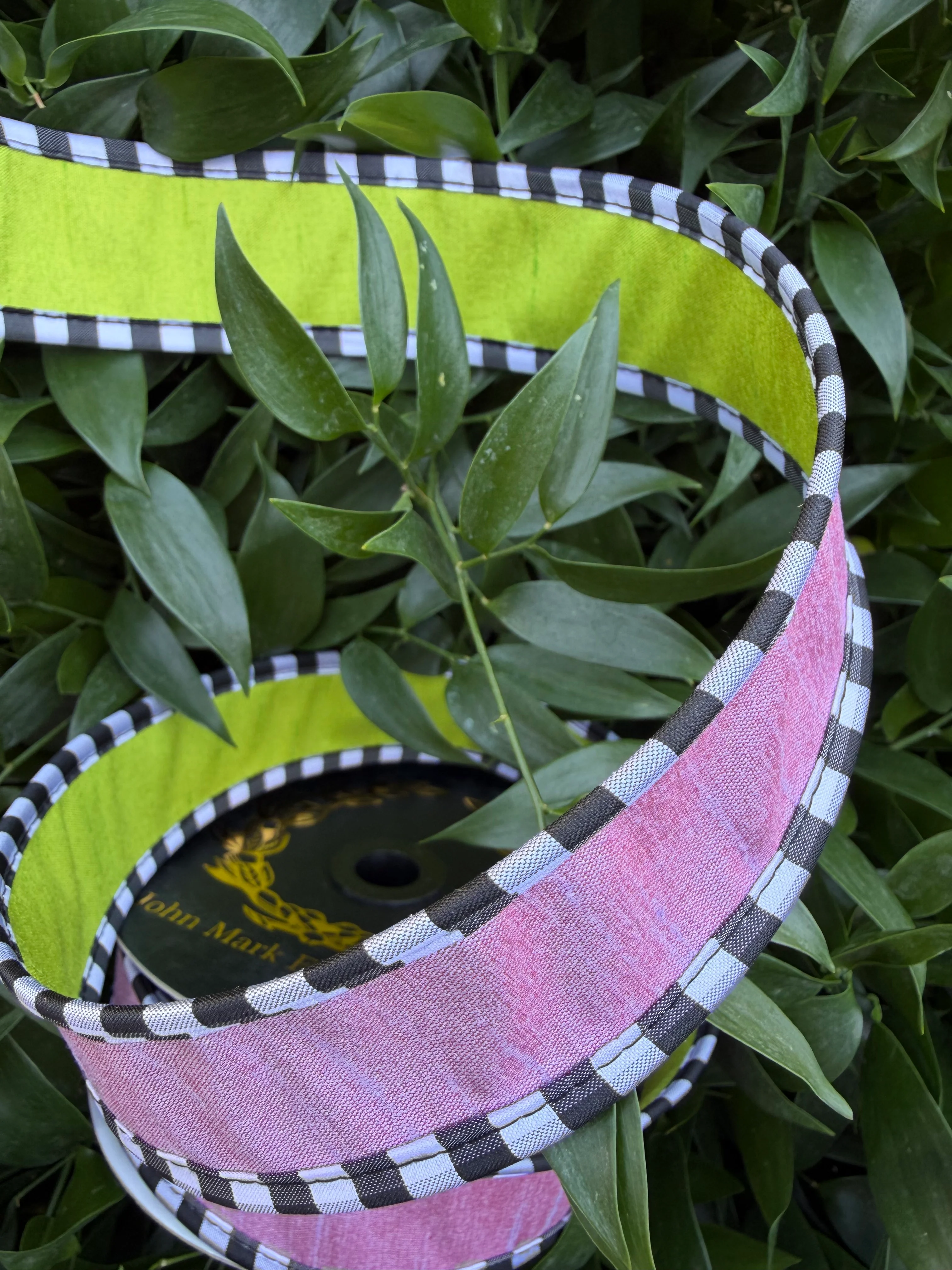DUPION DBL FUSED/MED TAFFETA CHECK PIPING 1.5"x10YD LAV/GREEN HEAVY WIRED RIBBON - Image 2