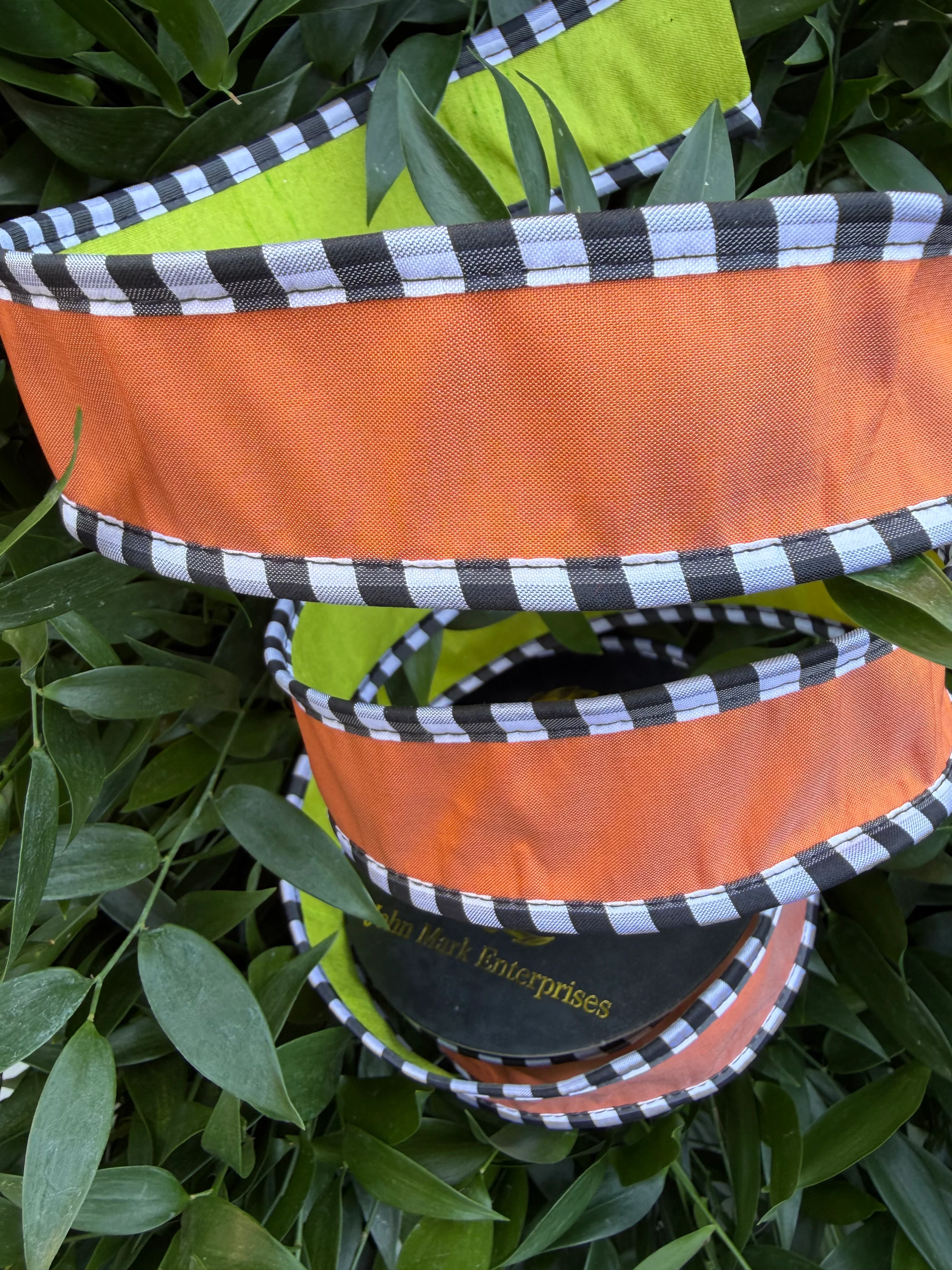 DUPION DBL FUSED/MED TAFFETA CHECK PIPING 1.5"x10YD ORANGE/GREEN HEAVY WIRED RIBBON - Image 2