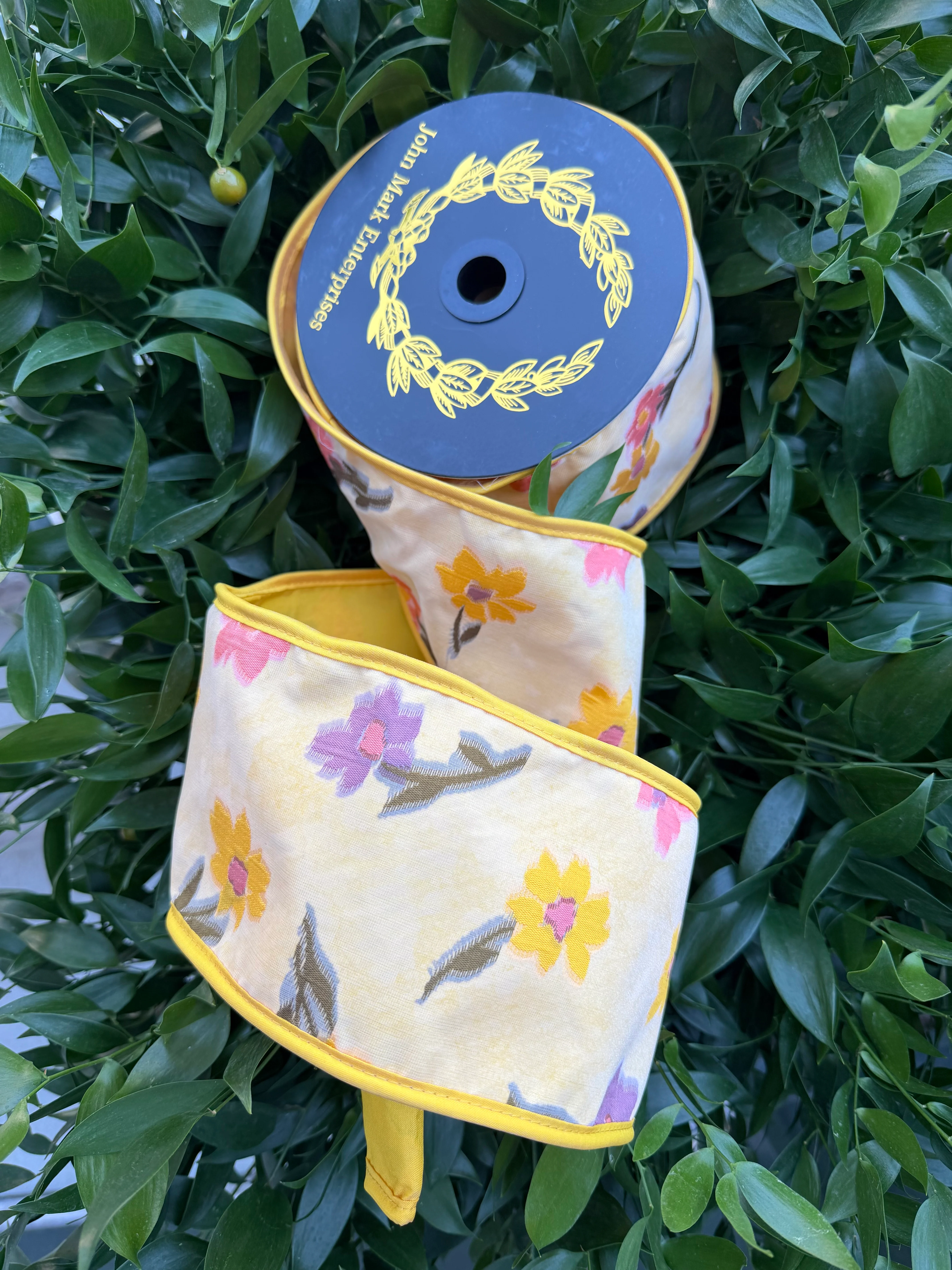 FLORAL SHEER JACQ/FUSED TAFFETA/PIPING 4"x10YD MUSTARD HEAVY WIRED RIBBON