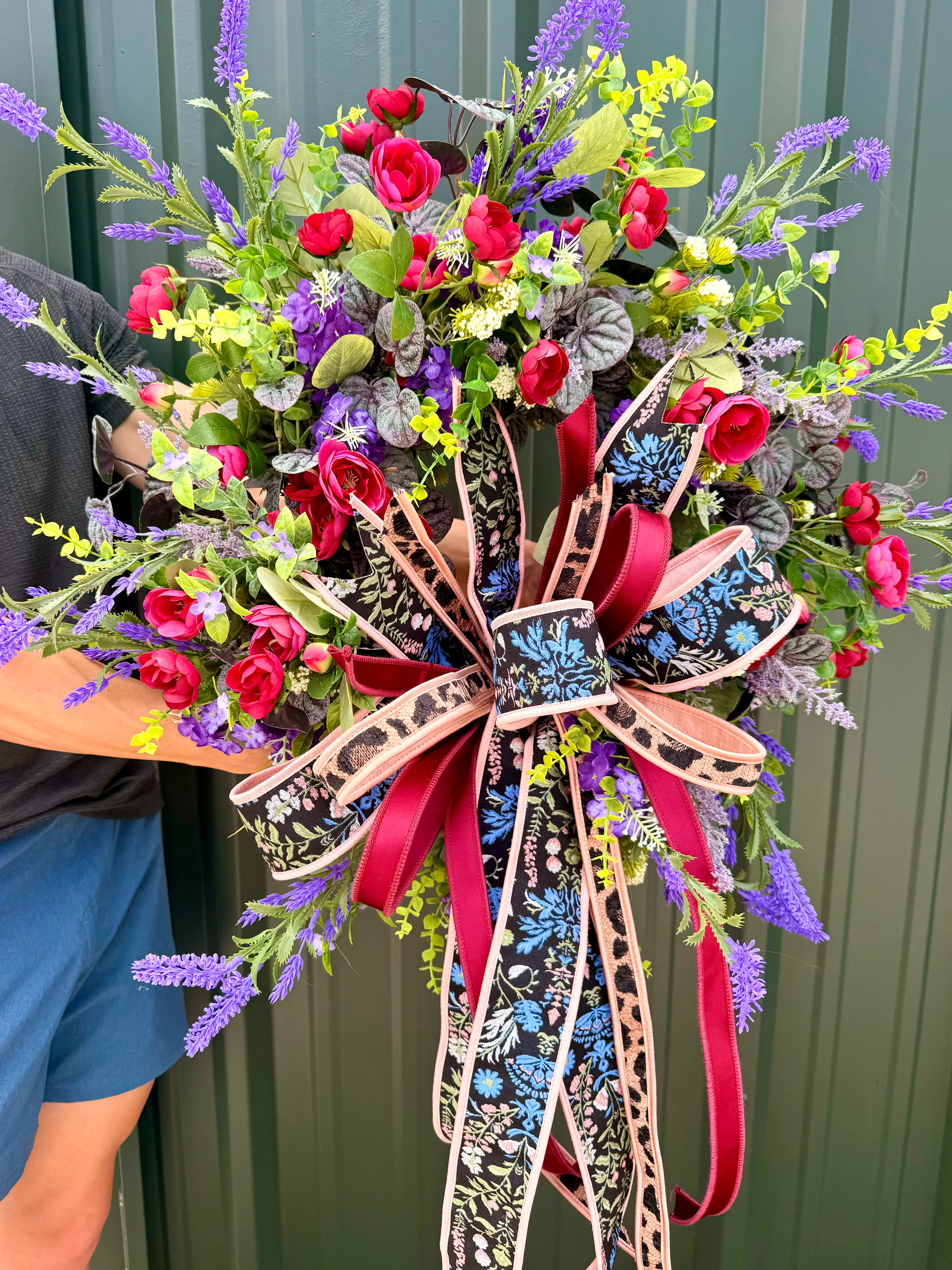JME HANDMADE WREATH. Lush deep colors of purples and burgundies. Paired with a JME hand tied bow. About 26 inches wide. - Image 3