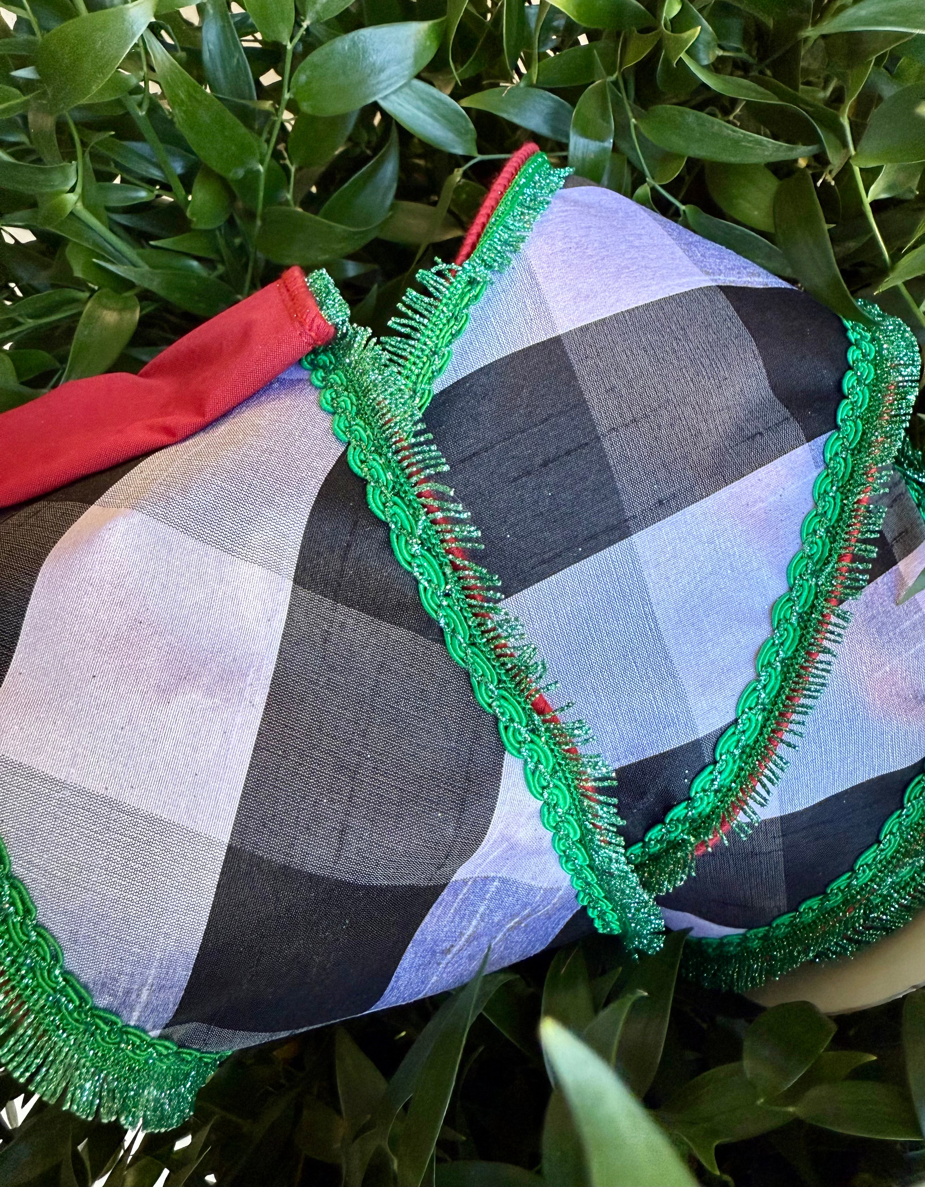 JME heavy wired ribbon. BLACK/WHITE Check Dupion with Green Fringe Trim and Red Back 4"x 10YDS