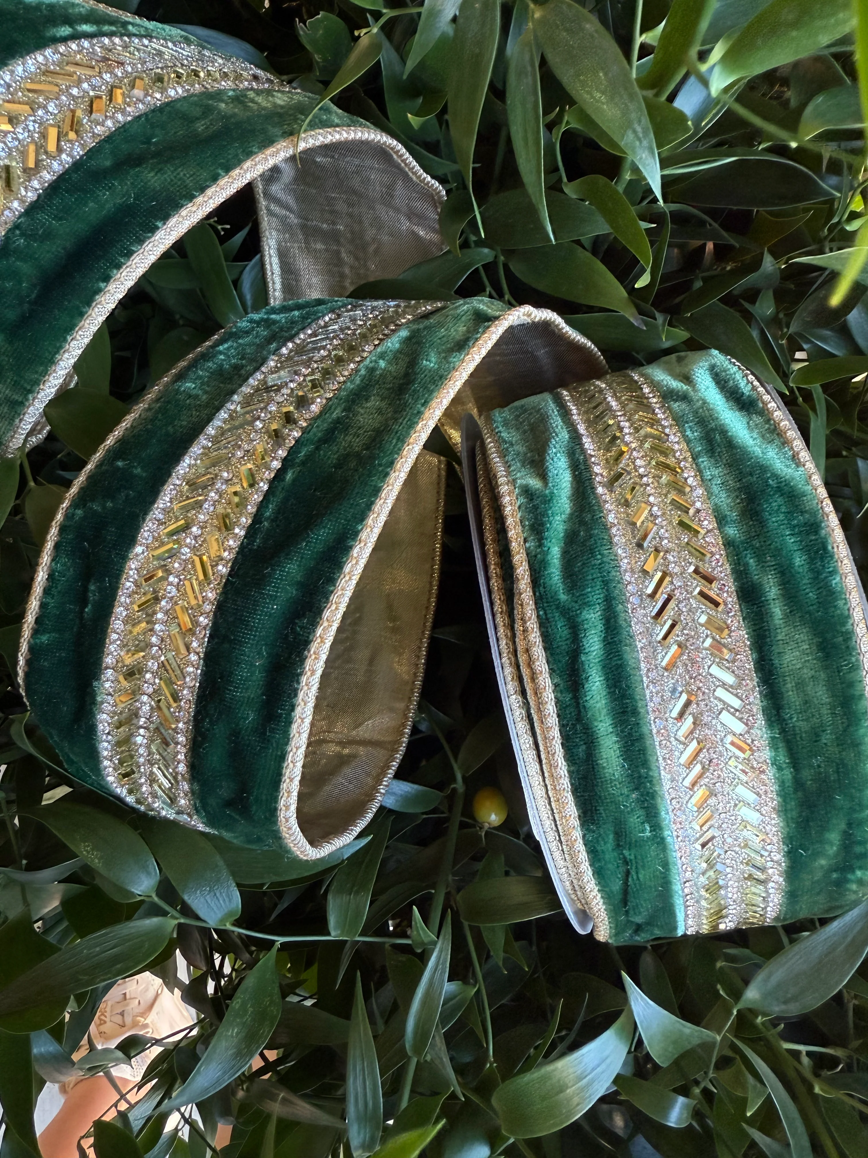 JME heavy wired ribbon. DARK GREEN Velvet with Gold Jeweled Band and Metallic Back 2.5"x 10YDS