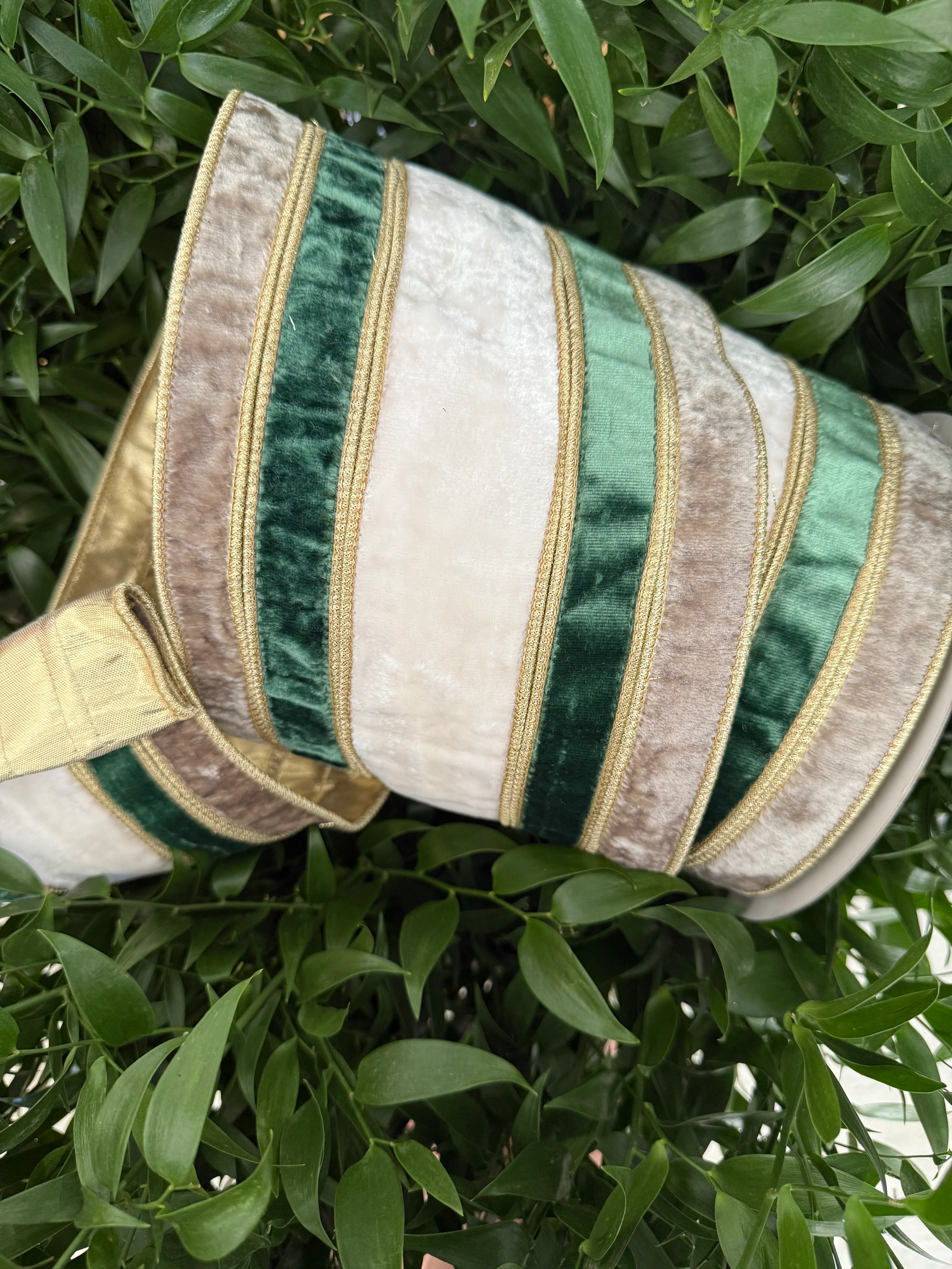 JME heavy wired ribbon. GRAY/GREEN/IVORY Velvet Stripes with Gold Metallic Back 6"x 10YDS