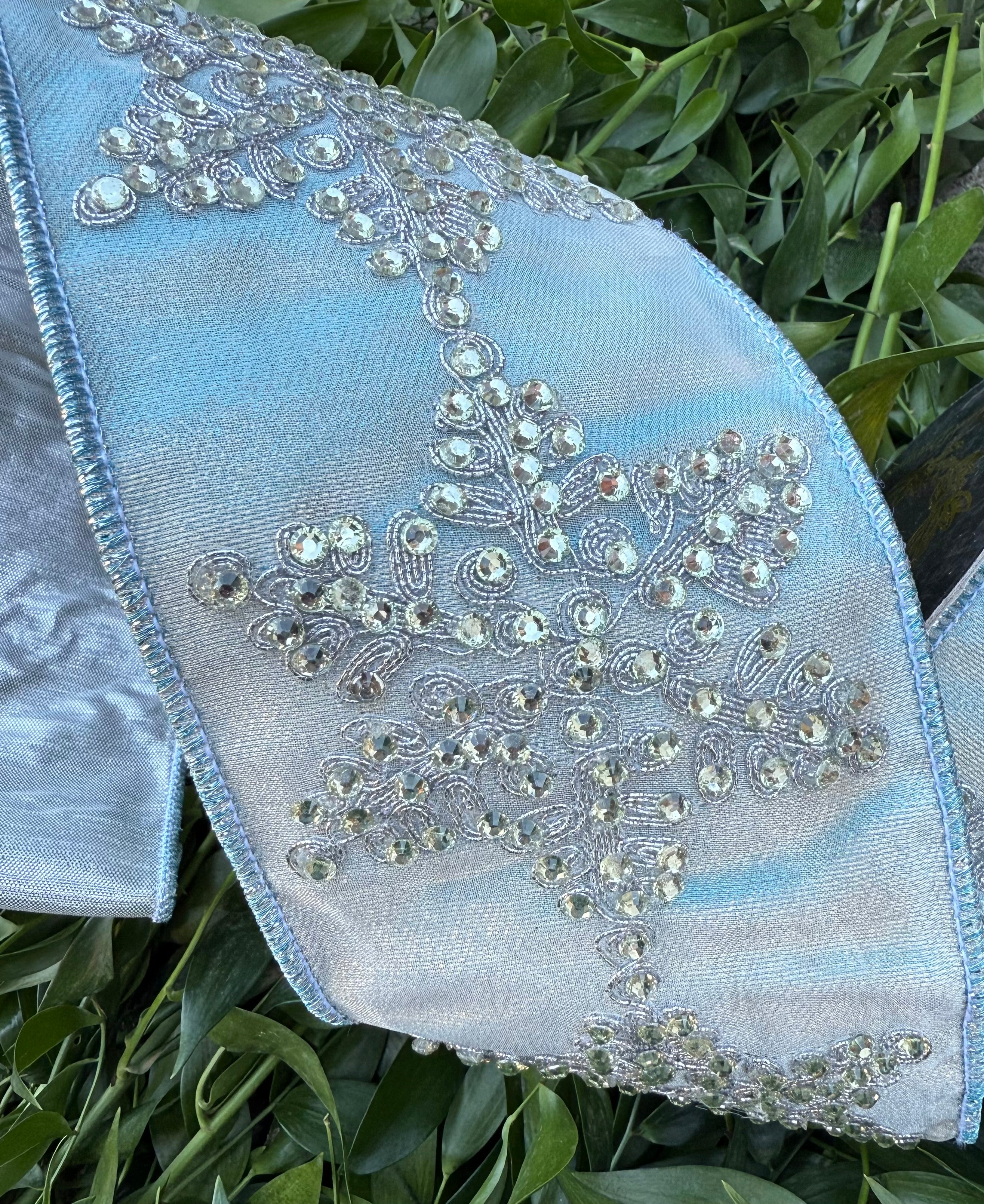 JME heavy wired ribbon. Jeweled snowflake on metallic blue. Backed with silver dupion. 4” x 5 yards. - Image 2