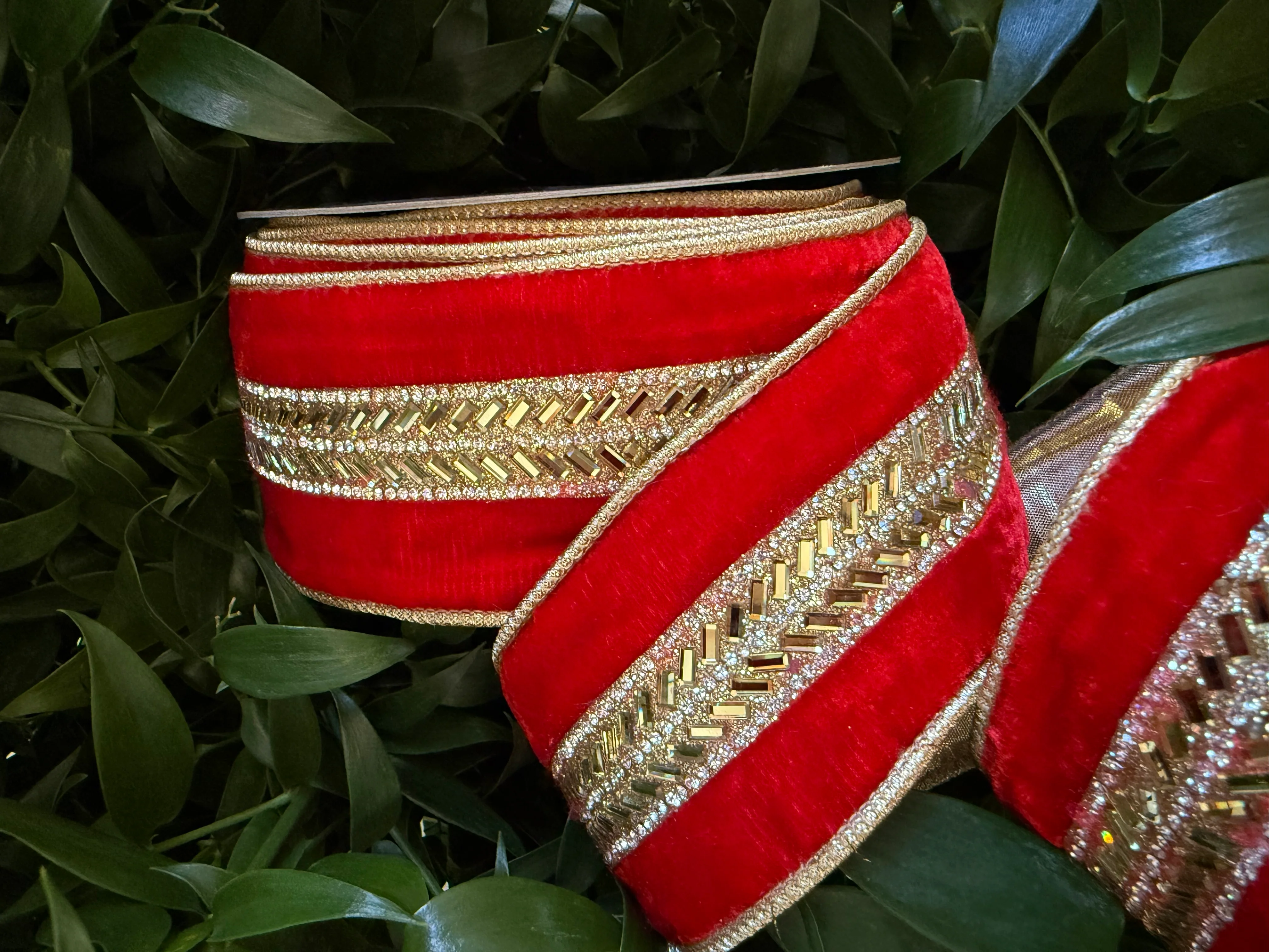 JME heavy wired ribbon. RED Velvet with Gold Jeweled Band and Metallic Back 2.5"x 10YDS - Image 2