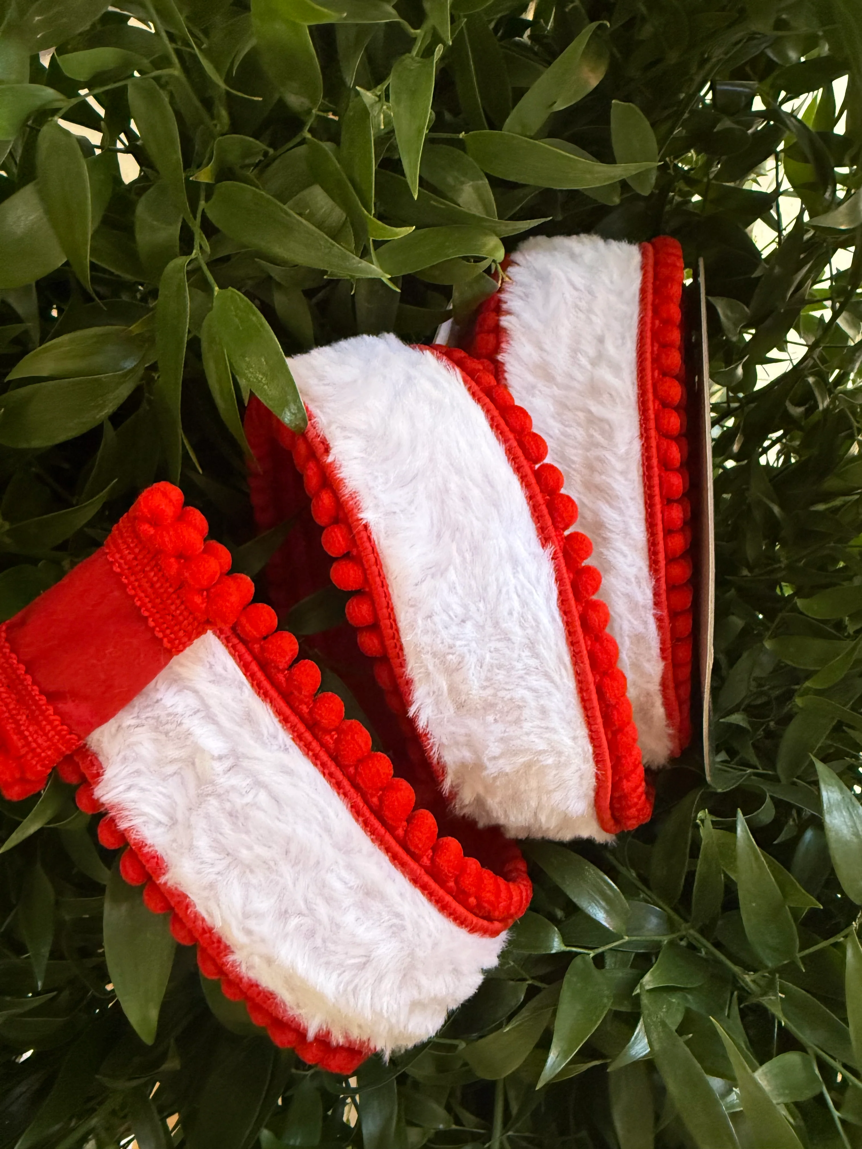 JME heavy wired ribbon. WHITE Fur with Red Pom Pom Edge 2.5"x 10YDS