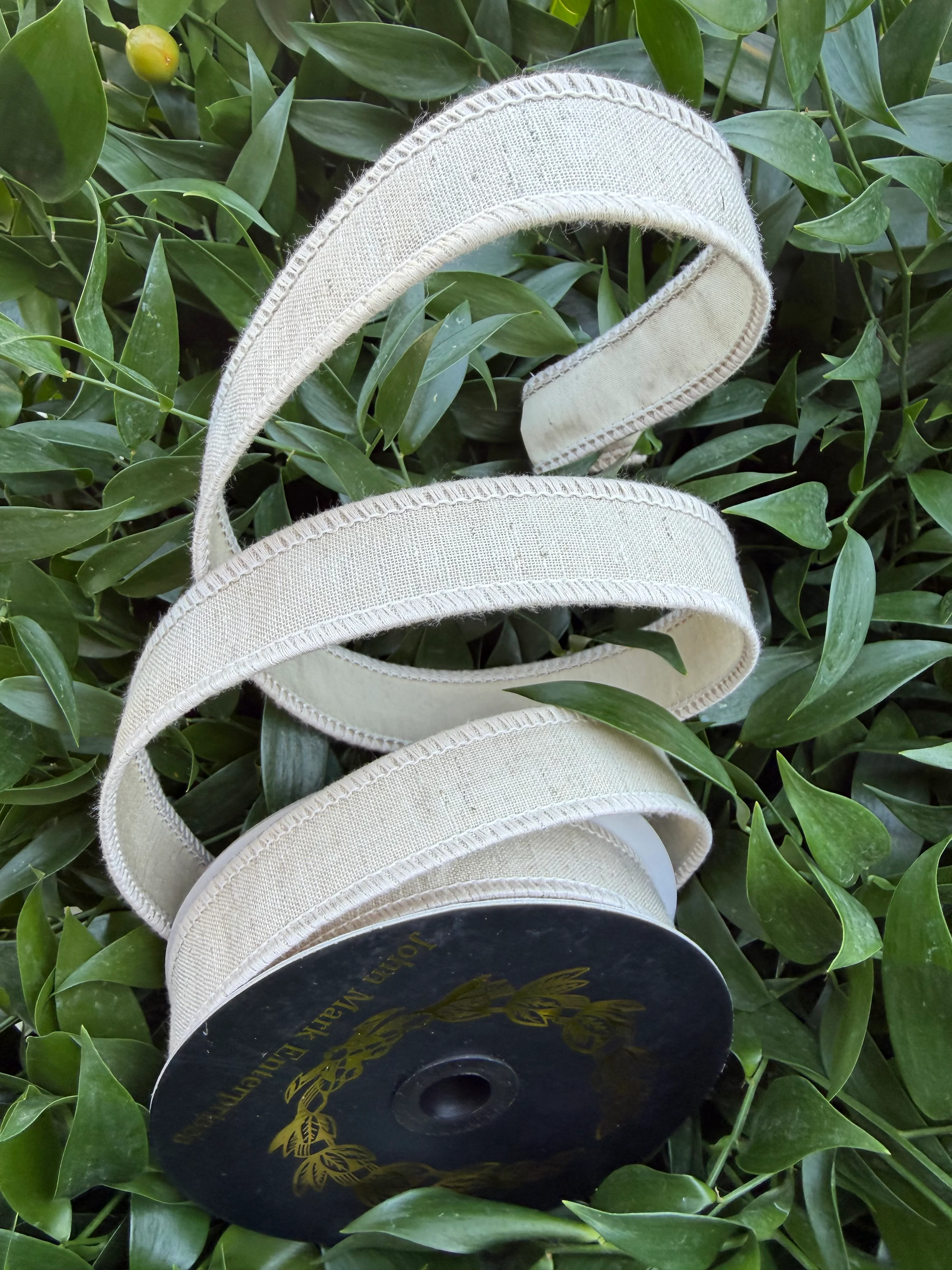 LINEN LOOK/TAFFETA FUSED 1"X10YD NATURAL HEAVY WIRED RIBBON