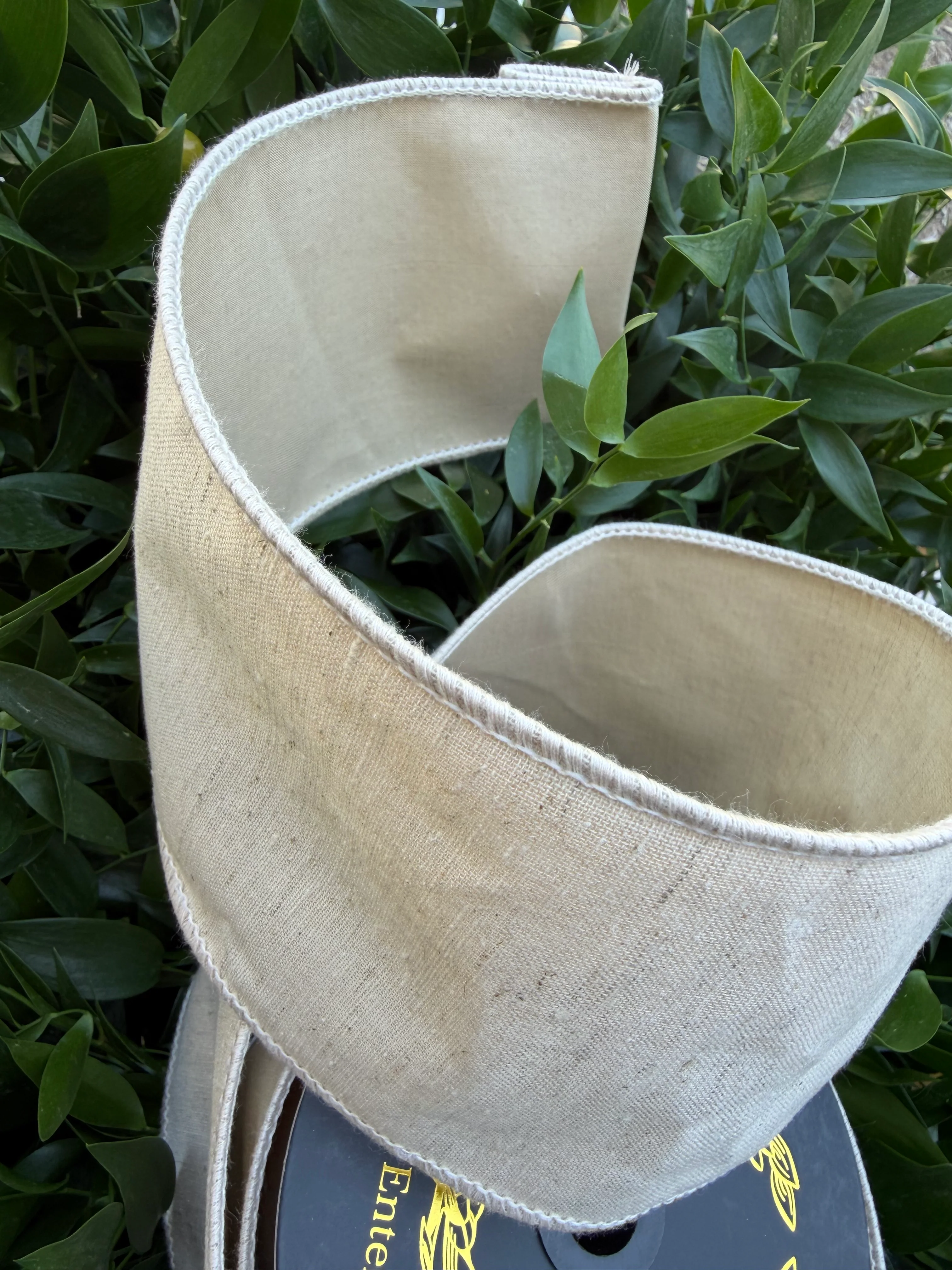 LINEN LOOK/TAFFETA FUSED 4"X10YD NATURAL HEAVY WIRED RIBBON - Image 2