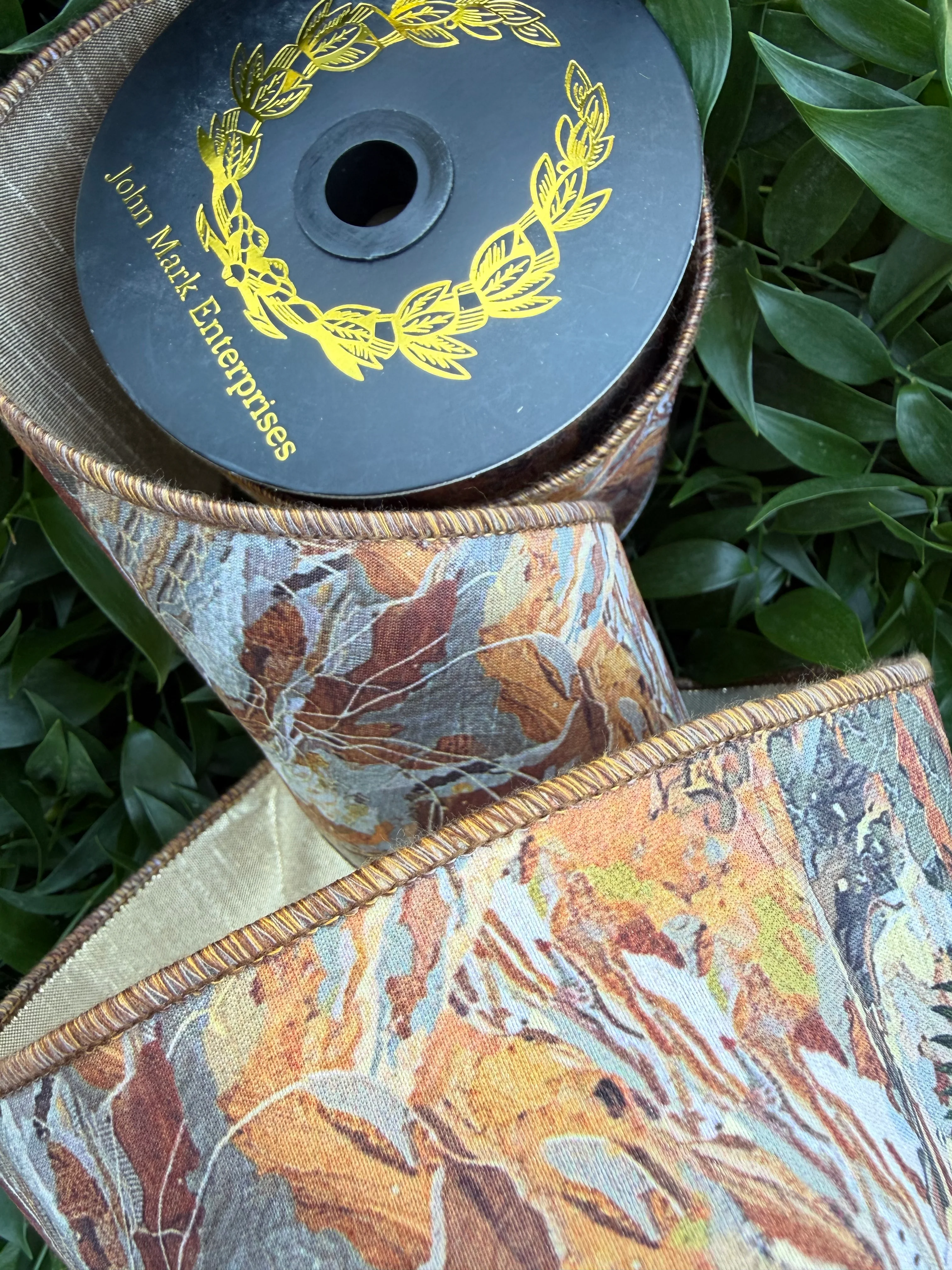 MARBLE PAPER DIGI PRINT/DUPION FUSED 4"x10YD MULTICOLOR/GOLD HEAVY WIRED RIBBON - Image 2