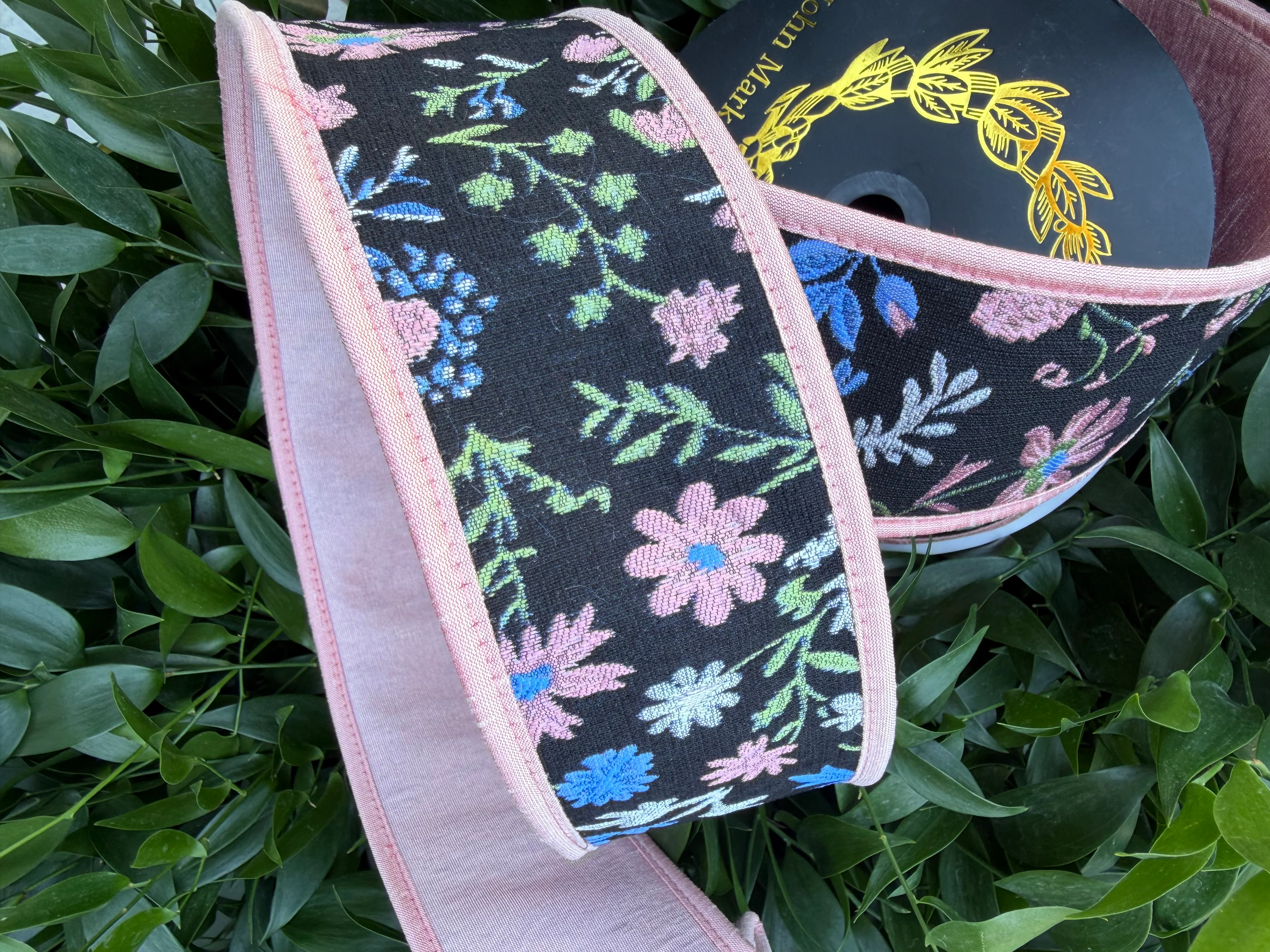 MIDNIGHT GARDEN JACQ/DUPION FUSED/PIPING 2.5"X10YD MULTICOLOR/BLACK HEAVY WIRED RIBBON - Image 2