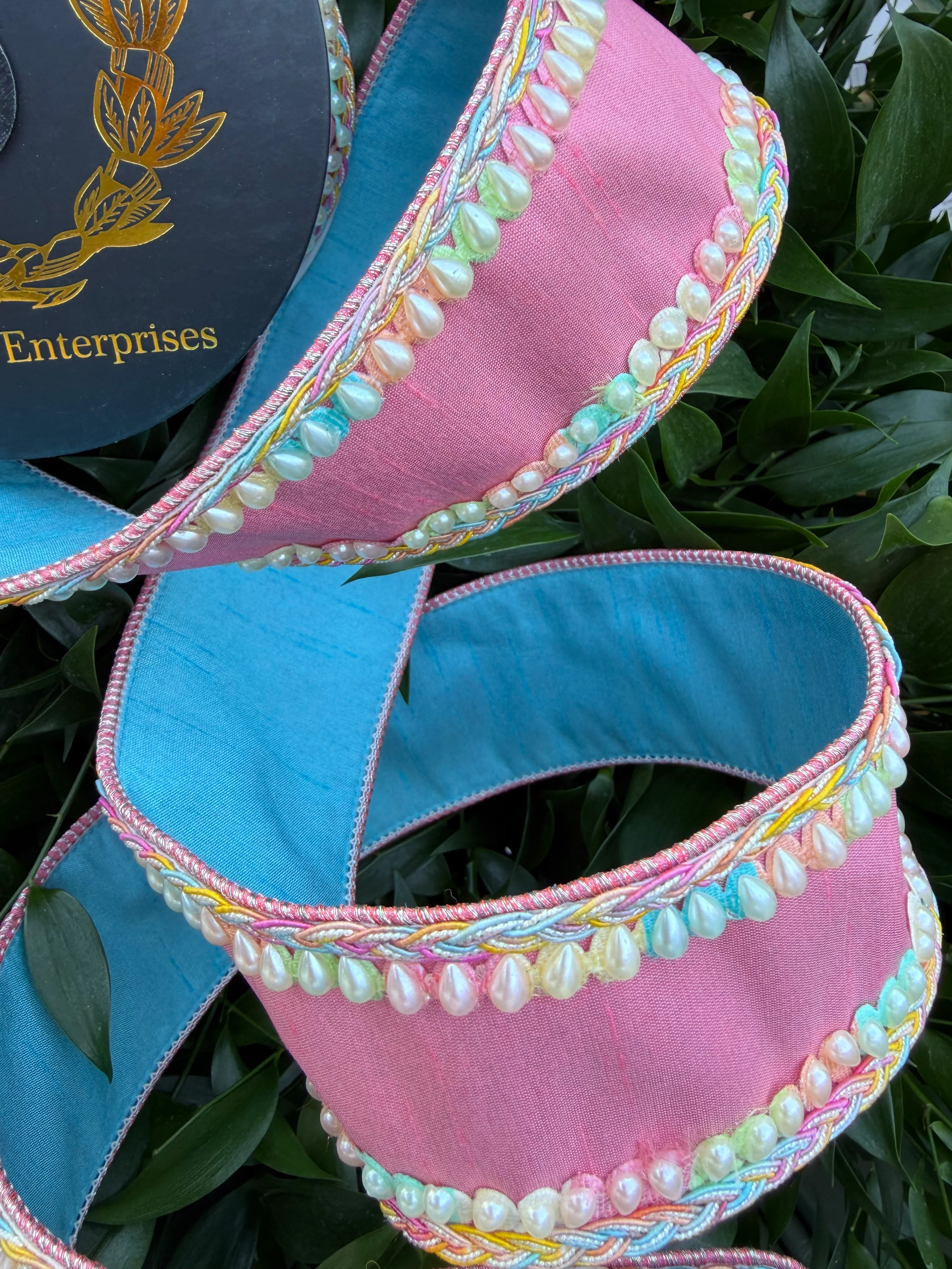 MULTI PEARL DBL SIDE TRIM/DUPION FUSED 2.5"X5YD PINK/TURQUOISE HEAVY WIRED RIBBON - Image 2