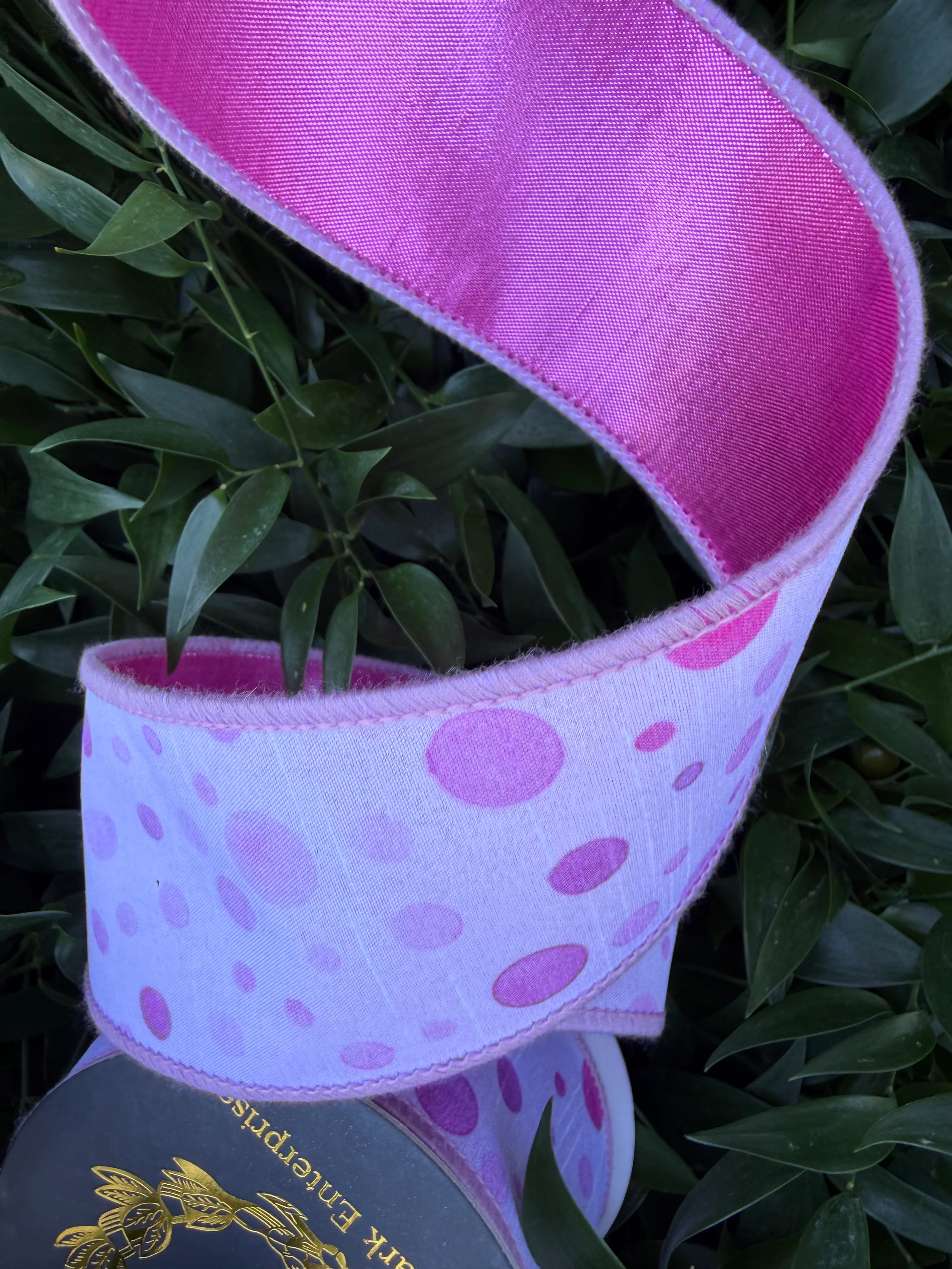 POLKA DOT DIGI PRINT/BLUSH DUPION FUSED 2.5"x10YD PINK HEAVY WIRED RIBBON - Image 2