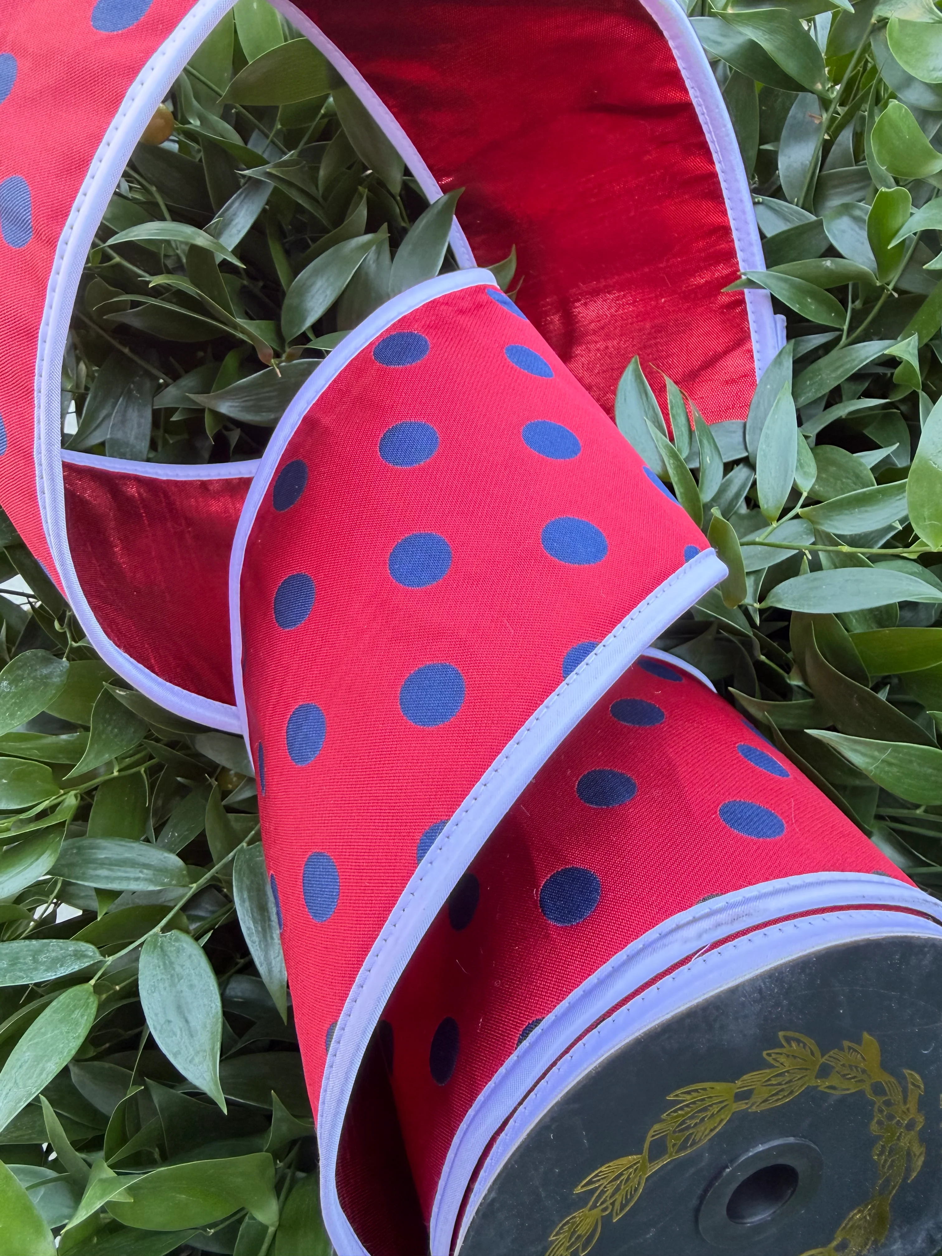 POLKA DOT JACQ/METALLIC DUPION FUSED/TAFFETA PIPING 4"X10YD RED/BLUE HEAVY WIRED RIBBON - Image 2