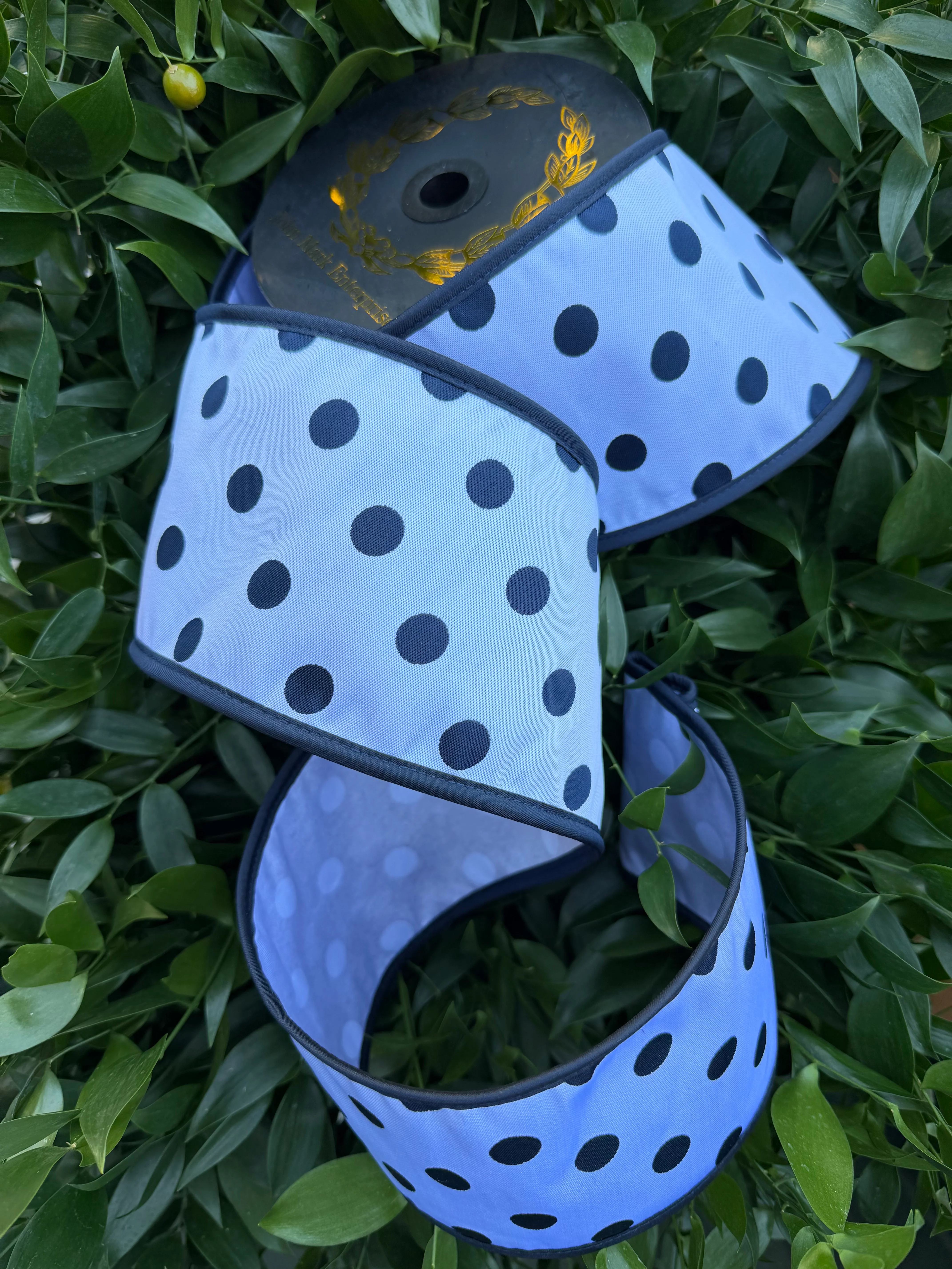 POLKA DOT JACQ/TAFFETA FUSED/TAFFETA PIPING 4"X10YD WHITE/NAVY HEAVY WIRED RIBBON
