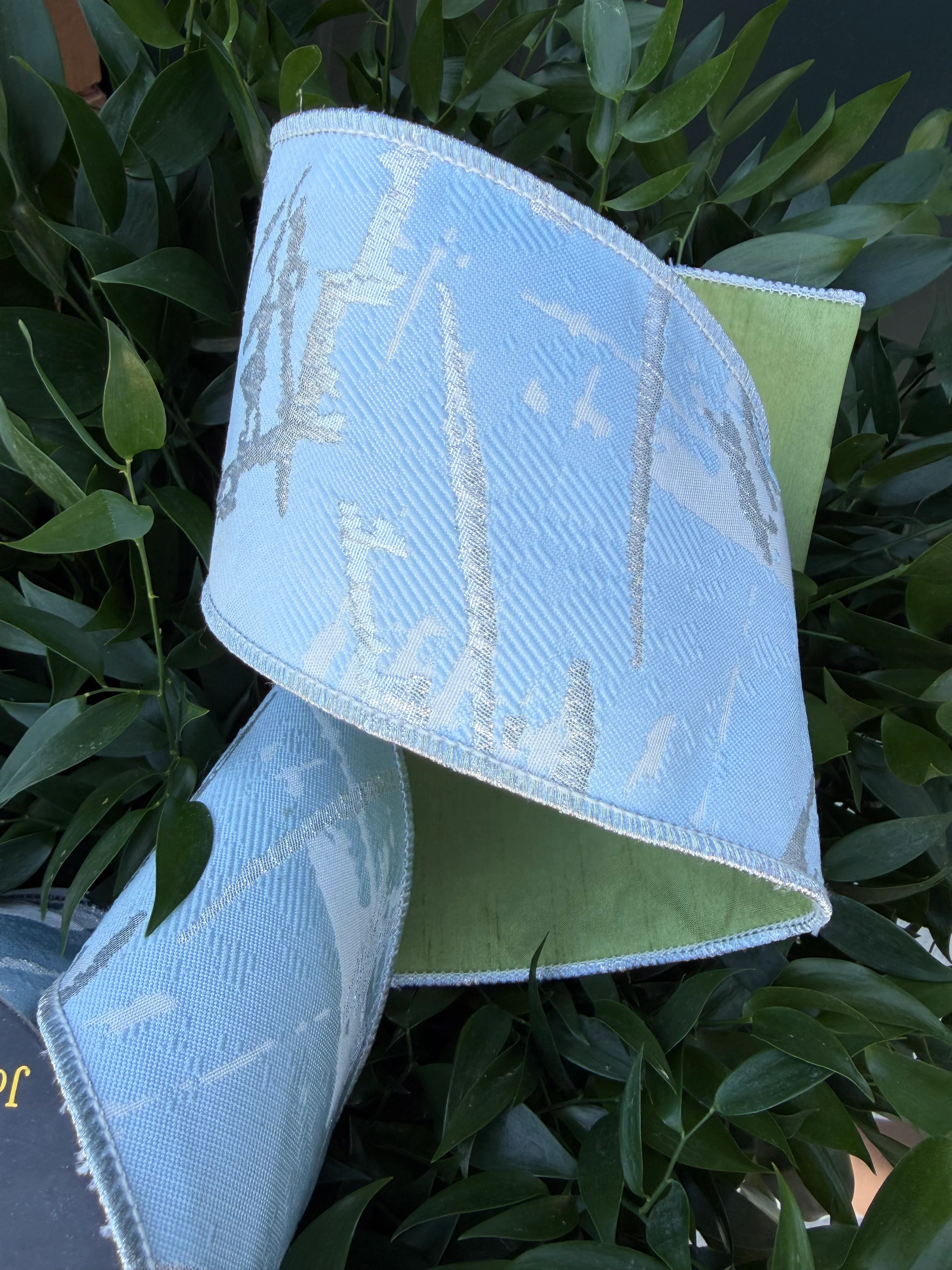 RAISED BRANCH JACQ/DUPION 4"X10YD BLUE HEAVY WIRED RIBBON - Image 2