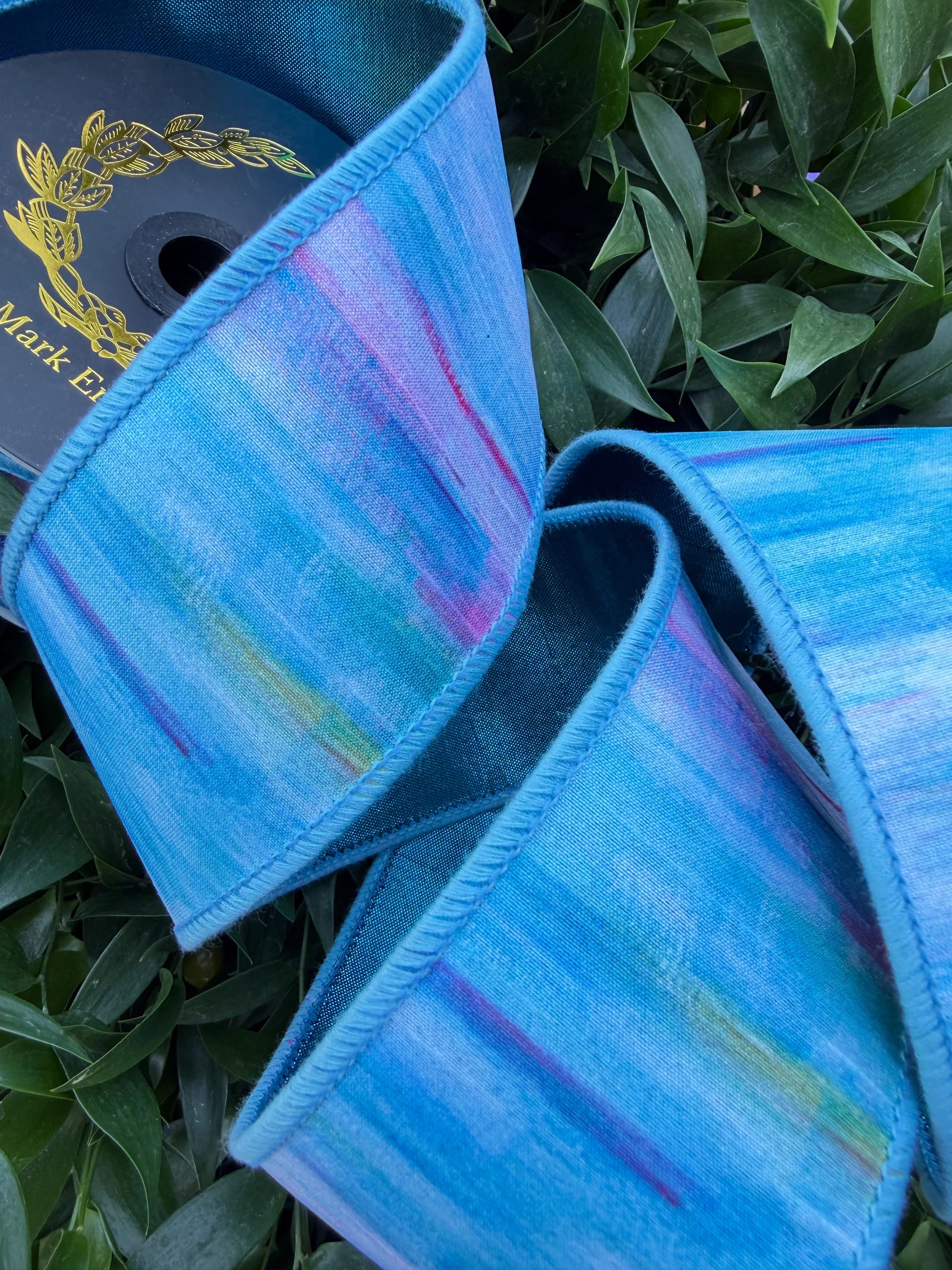 SUMMER SKY WATER COLOR DIGI/DUPION FUSED 2.5"x10YD BLUE HEAVY WIRED RIBBON - Image 2