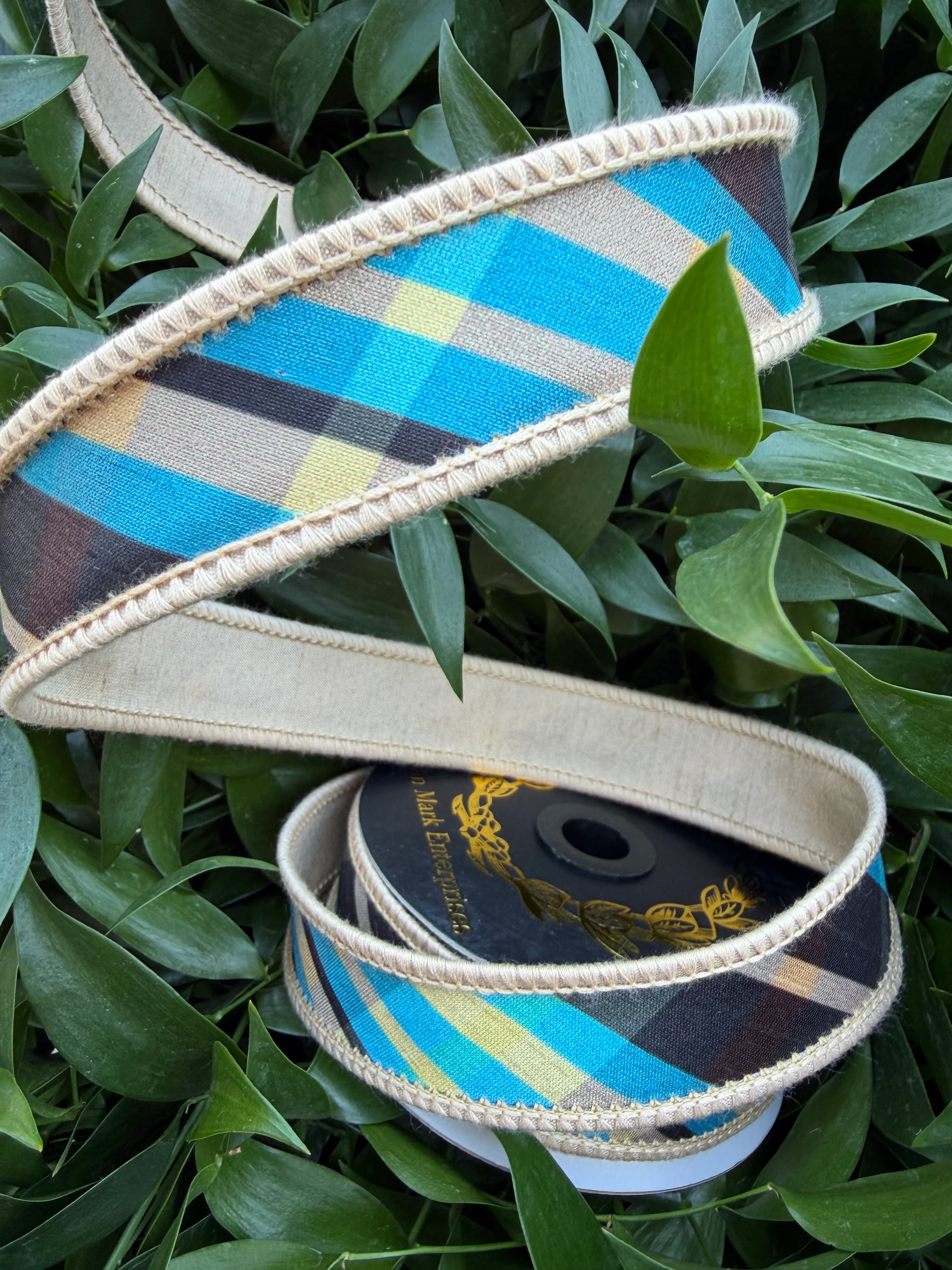 TAFFETA BIAS PLAID/DUPION FUSED 1"x10YD BLUE HEAVY WIRED RIBBON - Image 2
