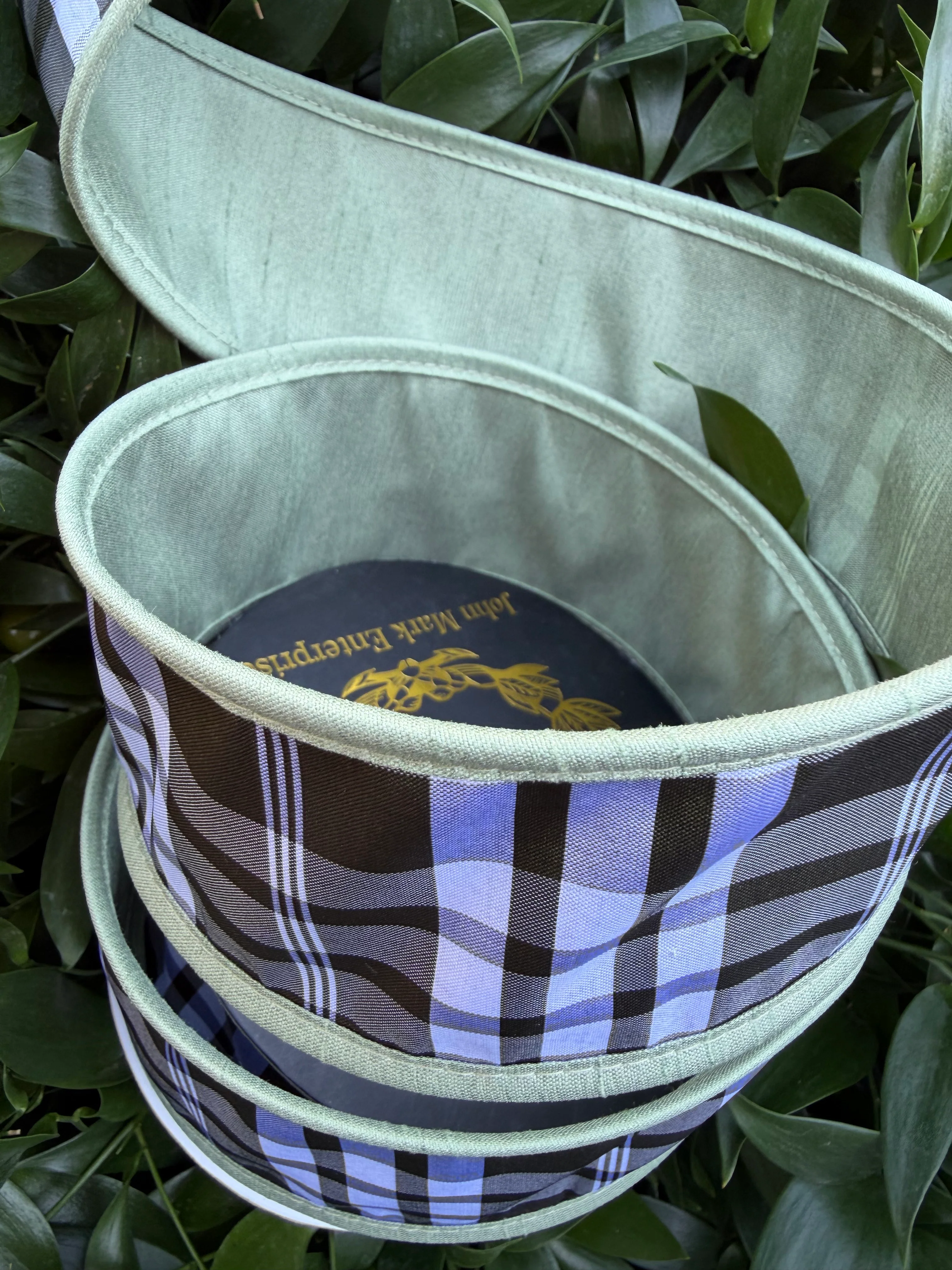 TAFFETA PLAID/DUPION FUSED BACK/PIPING 2.5"x10YD BLACK/WHITE/GREEN HEAVY WIRED RIBBON - Image 2