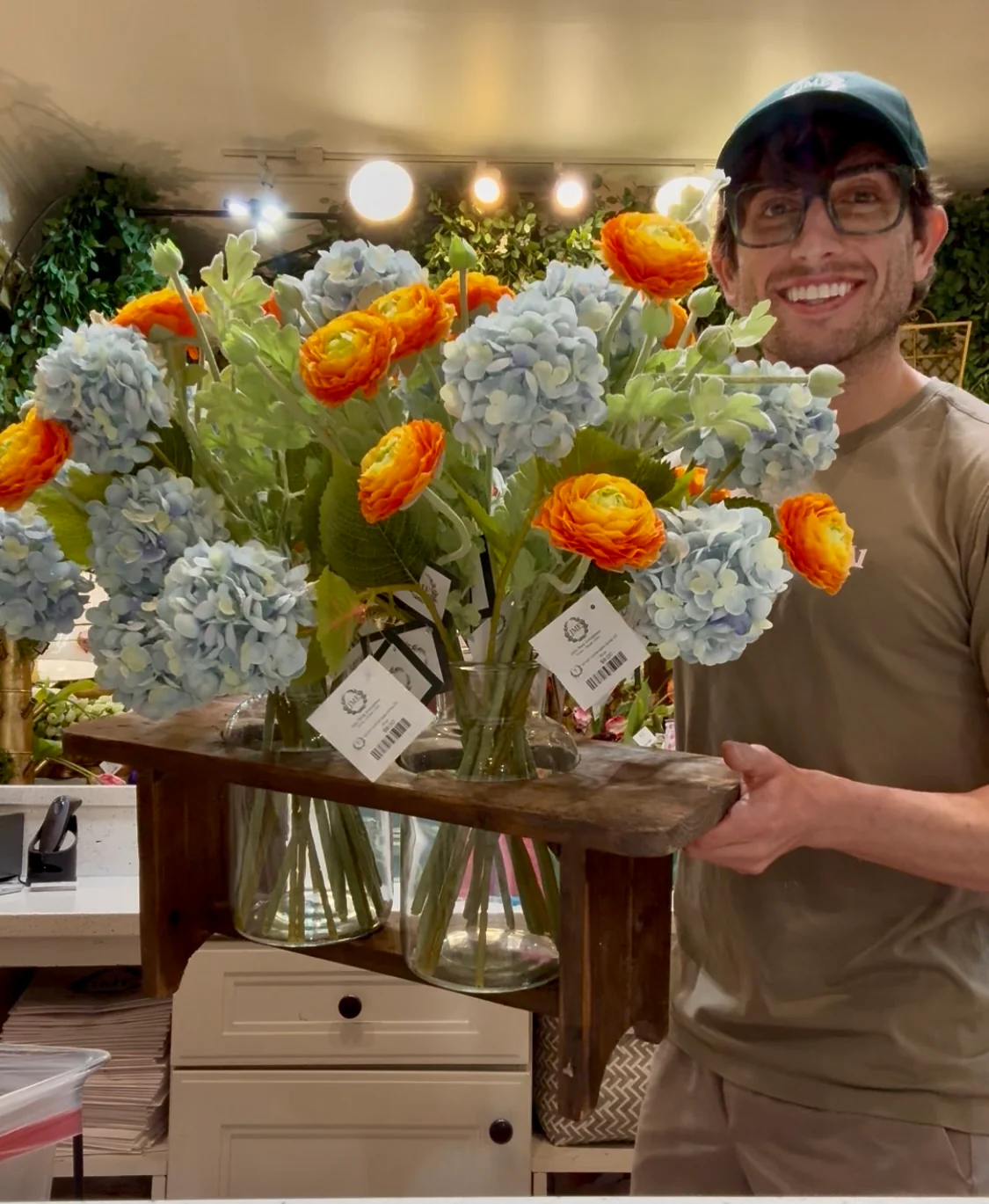Wooden Flower Stand with Two Glass Bottles. Flowers not included. - Image 2